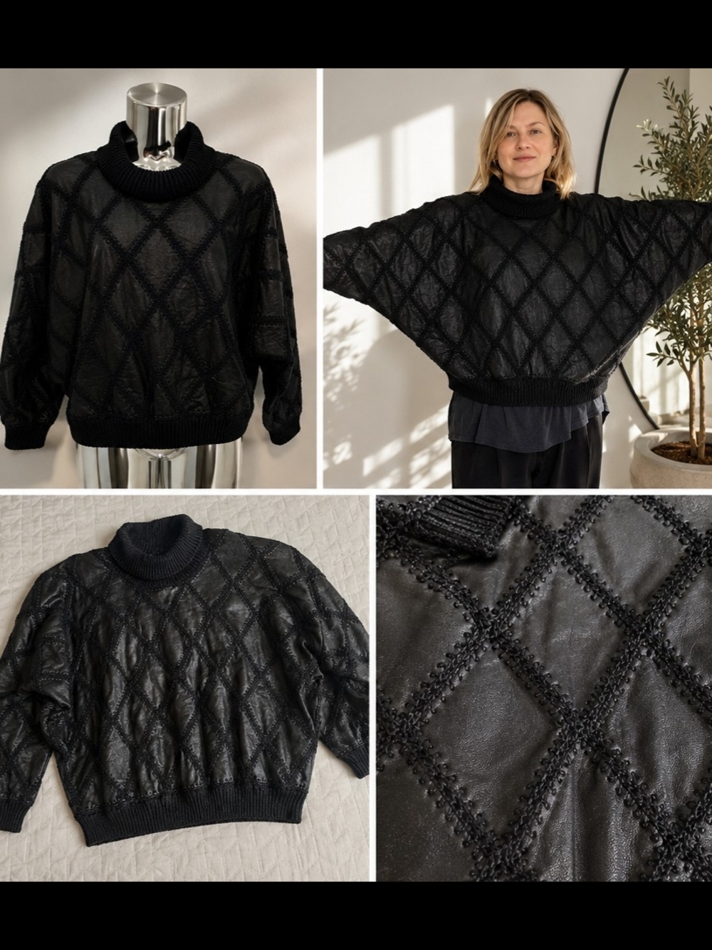 Vintage Black Leather Batwing Sweater | Handmade Artisan Dolman Top M - Picture 2 of 11